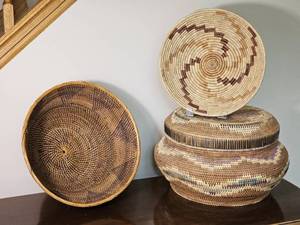 Collection of Woven Basket Wall Decor and Lidded Storage Baskets