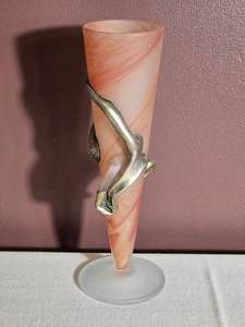Art Glass Vase with Sculptural Metallic Hand Accent