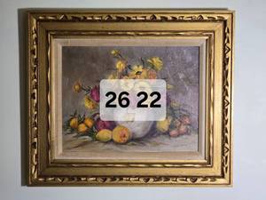 Framed Floral Still Life Original Painting with Ornate Gold Tone Frame