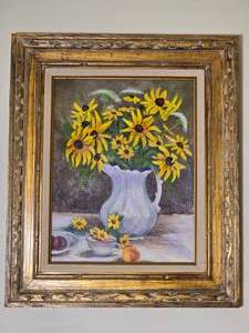 Framed Floral Still Life Painting with Sunflowers