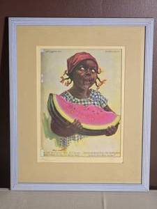 Vintage Framed Nell Holt Print with Watermelon Motif