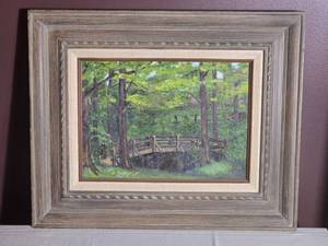 Framed Forest Bridge Landscape Painting