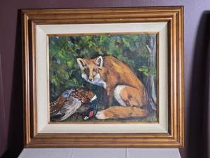 Signed Holmes Framed Fox & Pheasant Painting
