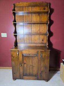 Rustic Pine Stepback Hutch with Open Plate Shelves and Cabinet Storage