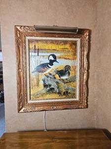 Vintage Framed Wildlife Painting of Hooded Merganser Ducks