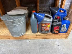 Mixed Lot Motor Fluids, Funnels & Galvanized Buckets - content quantities unverified