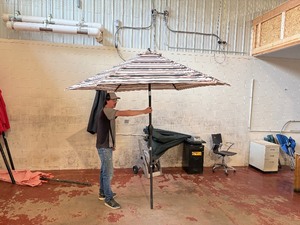 Patio umbrella with push button tilt.