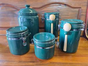 Green Canisters (5) 2 have Wooden Spoons