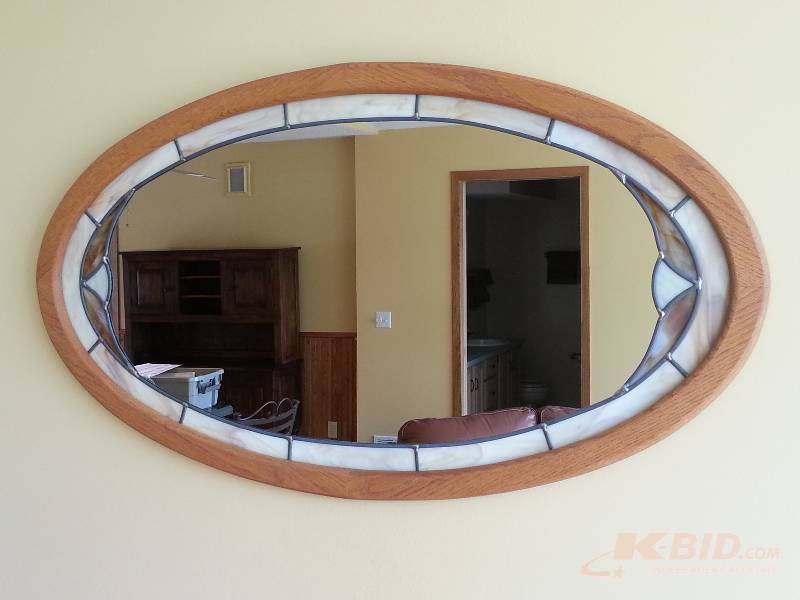 Oval Stained Glass Oak Mirror