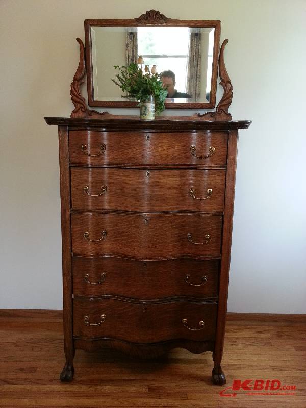 Beautiful Serpentine Dresser w Harp Beveled Mirror
