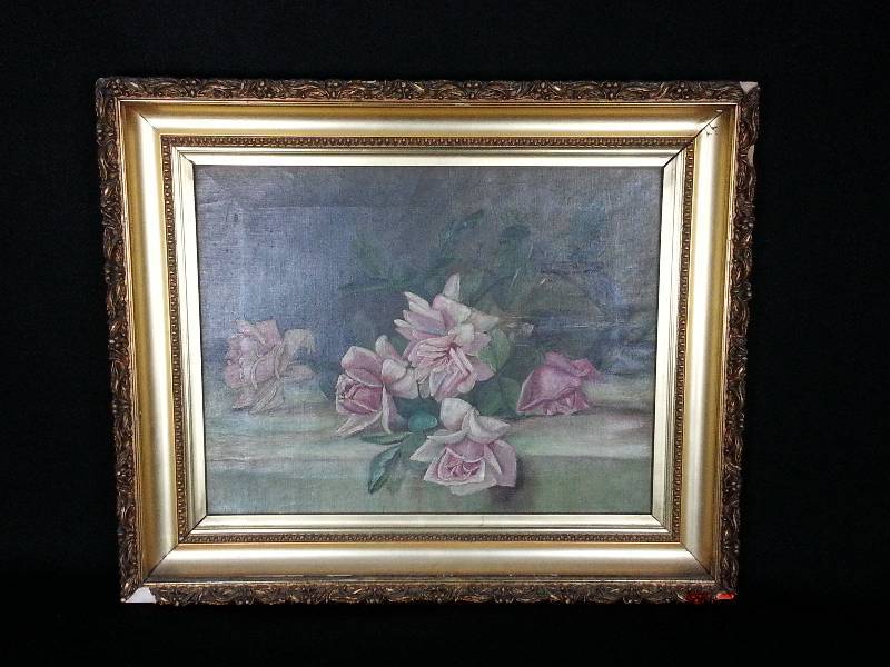 Original Antique Rose Oil Painting in an Antique Wooden Frame