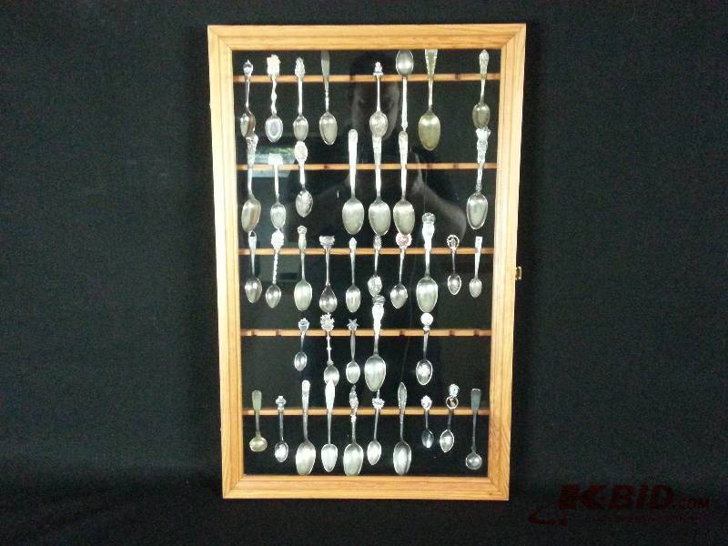 Vintage Souvenir Spoons w Oak Display Case