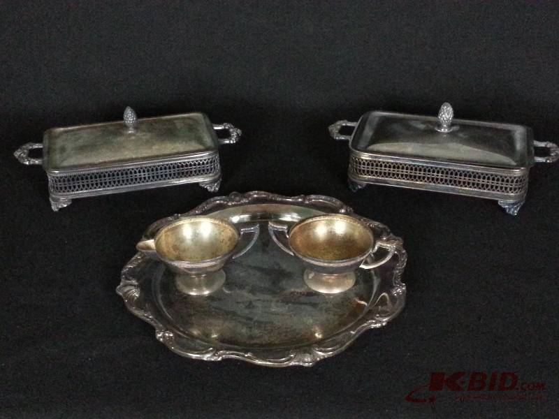 Silverplate Servers, Cream & Sugar, and Round Serving Tray