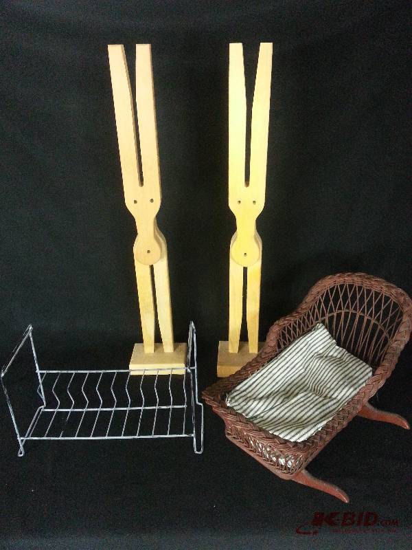 Vintage Wicker Doll Crib, Wooden Donkey Carvings, & Wire Rack