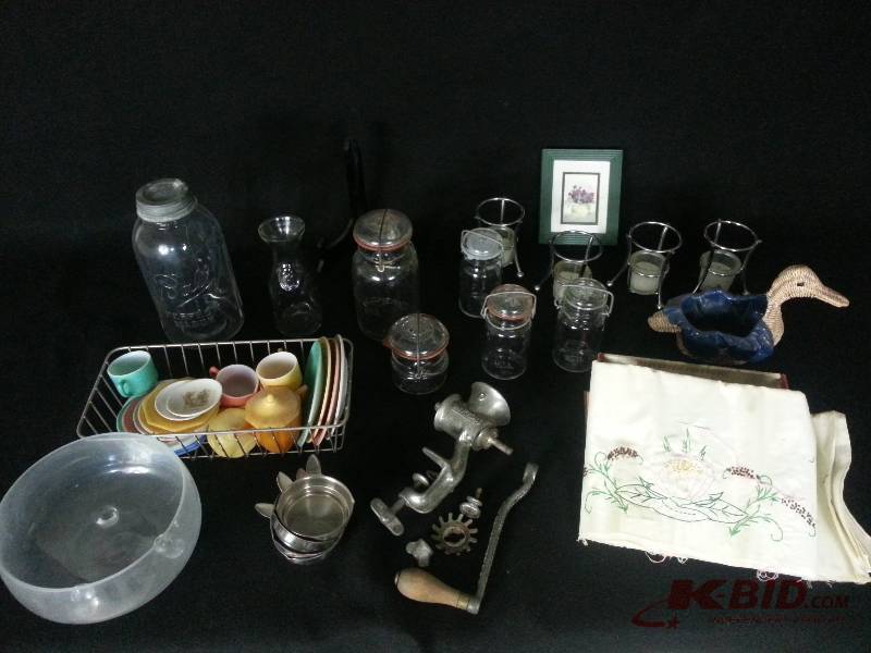 Antique Meat Grinder, Ball Jars, Miniature Tea Set, Misc.