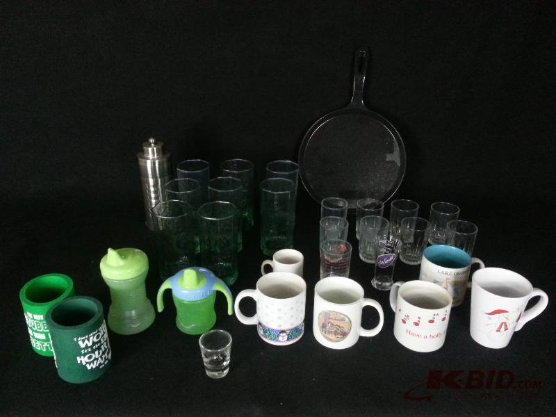 Cast Iron Pan, Green Tumblers, Martini Shaker, Misc.