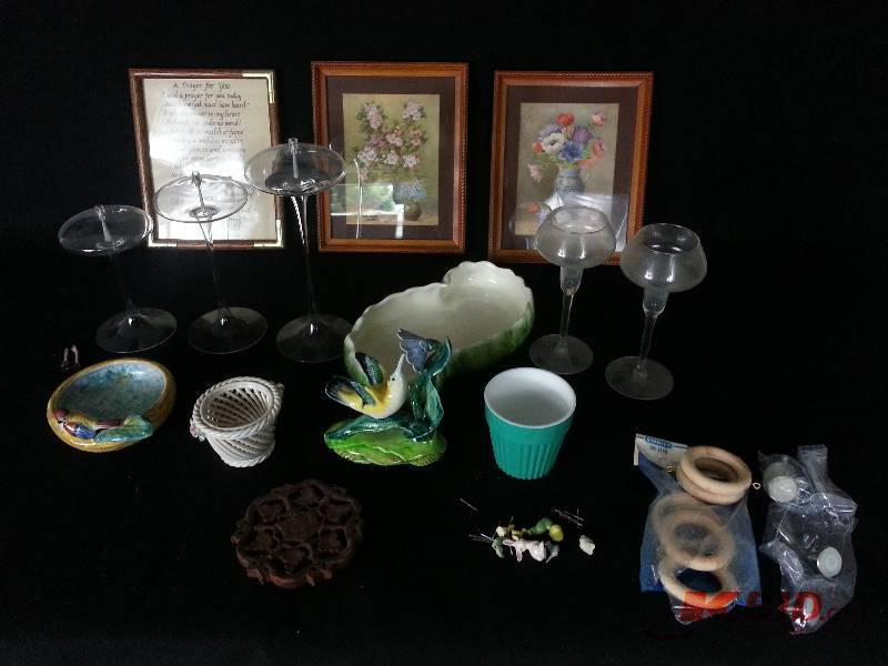 Three Framed Pieces, Oil Lamps, Procelain, Misc.