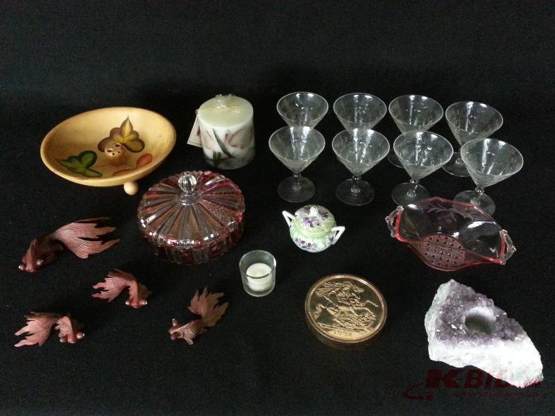 Amethyst Candle Holder, Pink Depression, Colored Candy Dish, Wooden Fish, Misc.