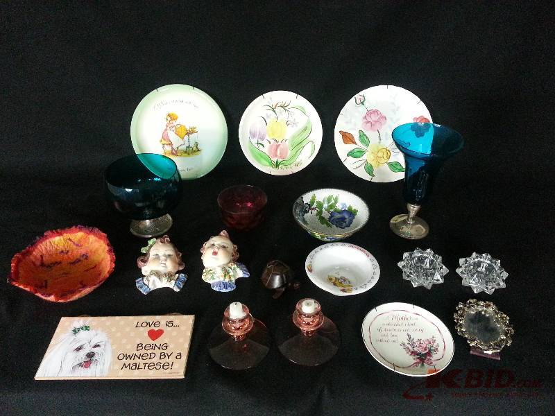 Blue Glassware, Decorative Plates, Carved Wooden Turtle, Misc.