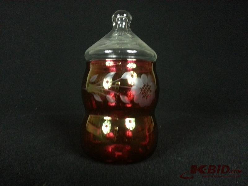 1930s Ruby-Cut-To-Clear Lidded Sweet Meats Jar