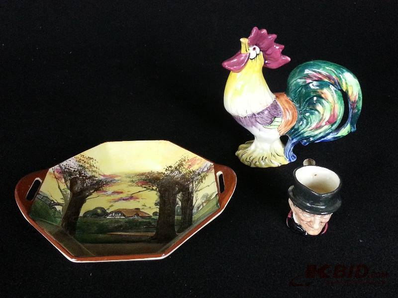 Royal Doulton Double Handled Plate, Miniature Mug, and Wedgwood Rooster
