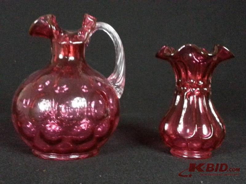 Fenton Cranberry Ruffled Vase & Fenton () Thumbprint Ruffled Pitcher