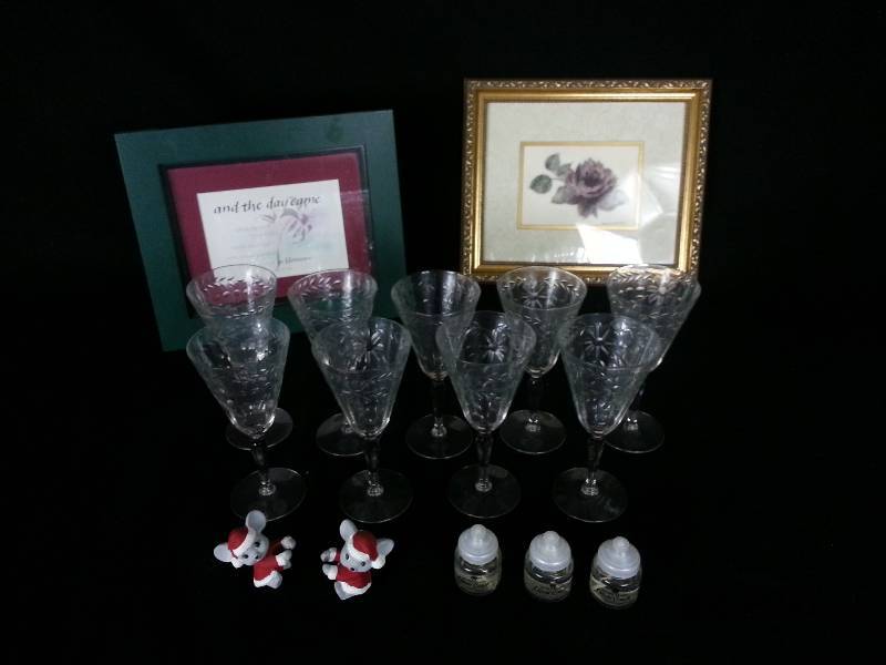Two Framed Pieces, (9) Etched Glasses, Misc.