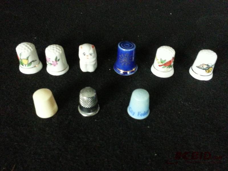 (9) Vintage Thimbels - Porcelain, Aluminum, and Plastic