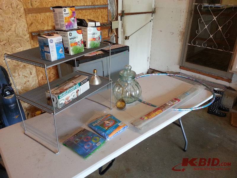 Lot of Halogen Lights, Metal Rack, Swimming Blow-ups, Weatherstrip, Misc.