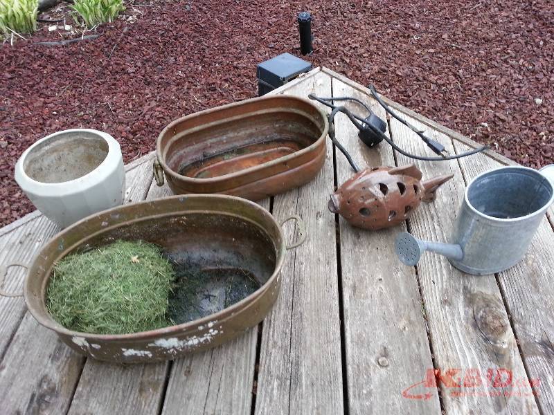 Lot of Planter, Watering Can, and Ceramic Fish Fountain