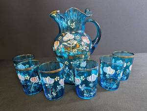 Blue Hand-Painted Glass Pitcher & 6 Tumblers Set