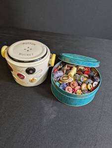 Vintage Button Assortment in Bowers Mints Tin & Button Bucket (Lot of 2)