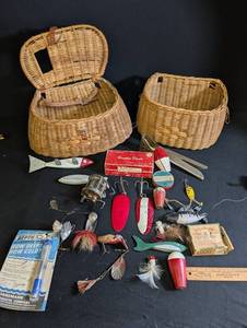 Vintage Fishing Tackle Mixed Lot With Wicker Creels
