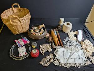 Vintage Sewing Notions, Thread Spools, Lace & Basket Mixed Lot