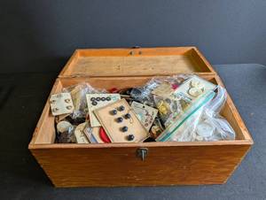 Large Button Assortment in Wooden Storage Box