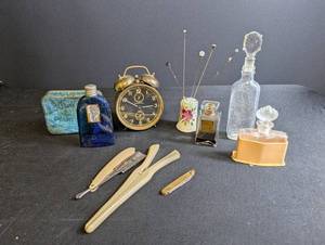 Vintage Estate Mixed Lot Guild-Hall Alarm Clock, Edgeworth Tin & Perfumes
