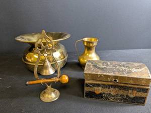 Brass Decorative Mixed Lot With Box, Pitcher, Bell & Stand