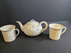 Belleek Basket Weave Shamrock Teapot & Mugs Set of 3