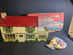 Vintage Metal Colonial Doll House With Accessories