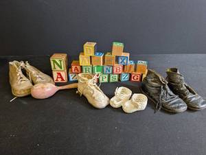 Vintage Childrens Shoe, Block & Rattle Mixed Lot