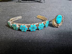 Vintage Bell Trading Co Silver And Turquoise Cuff & Ring Set
