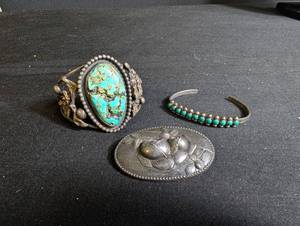 Vintage Silver And Turquoise Jewelry Mixed Lot - Cuff, Ring & Brooch