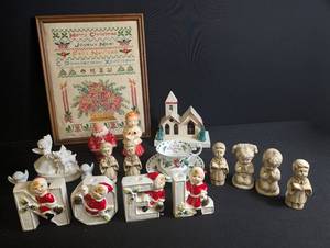 Vintage Christmas Decor Mixed Lot Wodin Japan Cross Stitch
