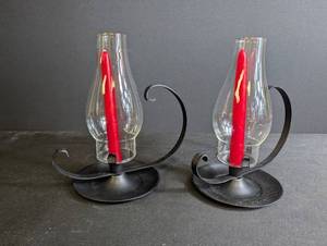 Glass Hurricane Candle Holders Set of 2 With Red Taper Candles