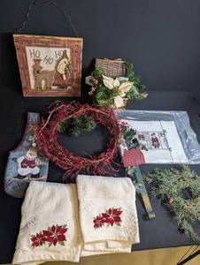 Mixed Lot Christmas Decor, Wreaths, Stocking & Embroidered Towels