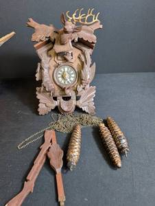 Vintage Carved Cuckoo Clock With Chains, Pendulum & Weights
