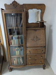 Antique Oak Secretary Bookcase With Mirror (Books NOT Included)