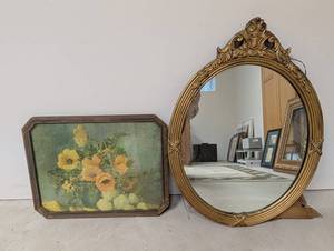 Ornate Mirror & Framed Floral Painting Mixed Lot