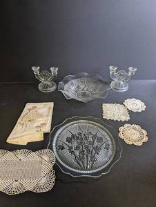 Glass Candle Holders, Bowls & Doilies Estate Mixed Lot