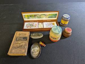 Vintage Estate Mixed Lot Ready Reckoner Book, Floral Card Box & Vanity Items